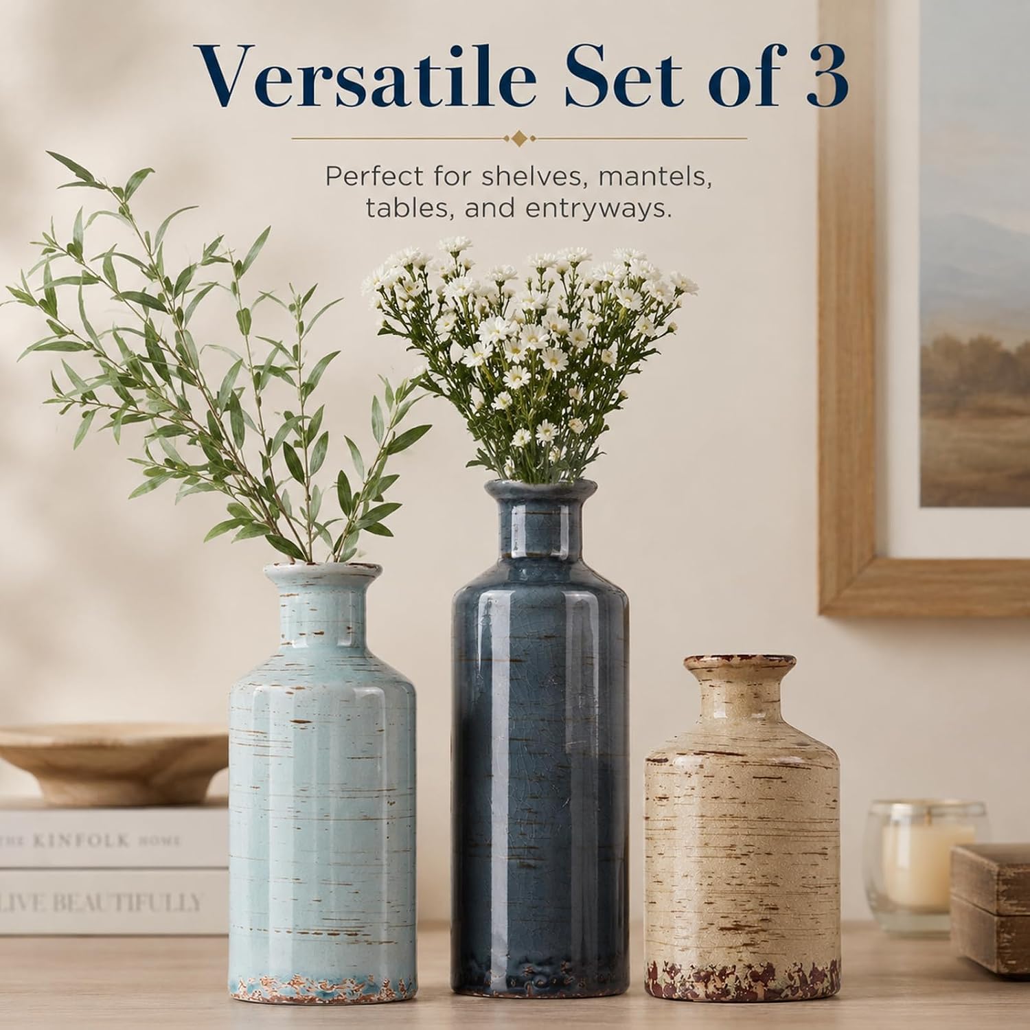 Blue and Beige Ceramic Vase Set of 3 – Rustic Distressed Glaze Pottery Vases, Small Vintage Flower Vases for Home Decor, Farmhouse, Modern Rustic, Shelf, Mantle, Table Centerpiece Decorations
