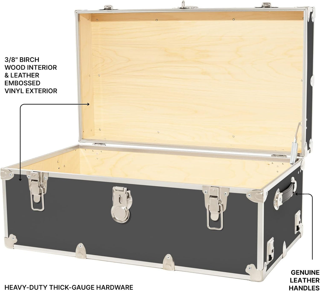 Rhino Trunk & Case Large Armor Camp Trunk with Removeable Wheels - Secure Dorm Storage Chest, Ideal Summer Camper Footlocker, Strong College Trunks - Seats 1000+ Pounds - 32"x18"x14" (Slate)