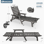 WACASA HDPE Pool Lounge Chairs Set of 2 with Wheels & Cup Holder, 6-Position Adjustable Outdoor Lounge Chair, Easy 20-Min Assembly, 450LBS Bearing, Patio Lounger for Poolside, Deck, Backyard (Grey)