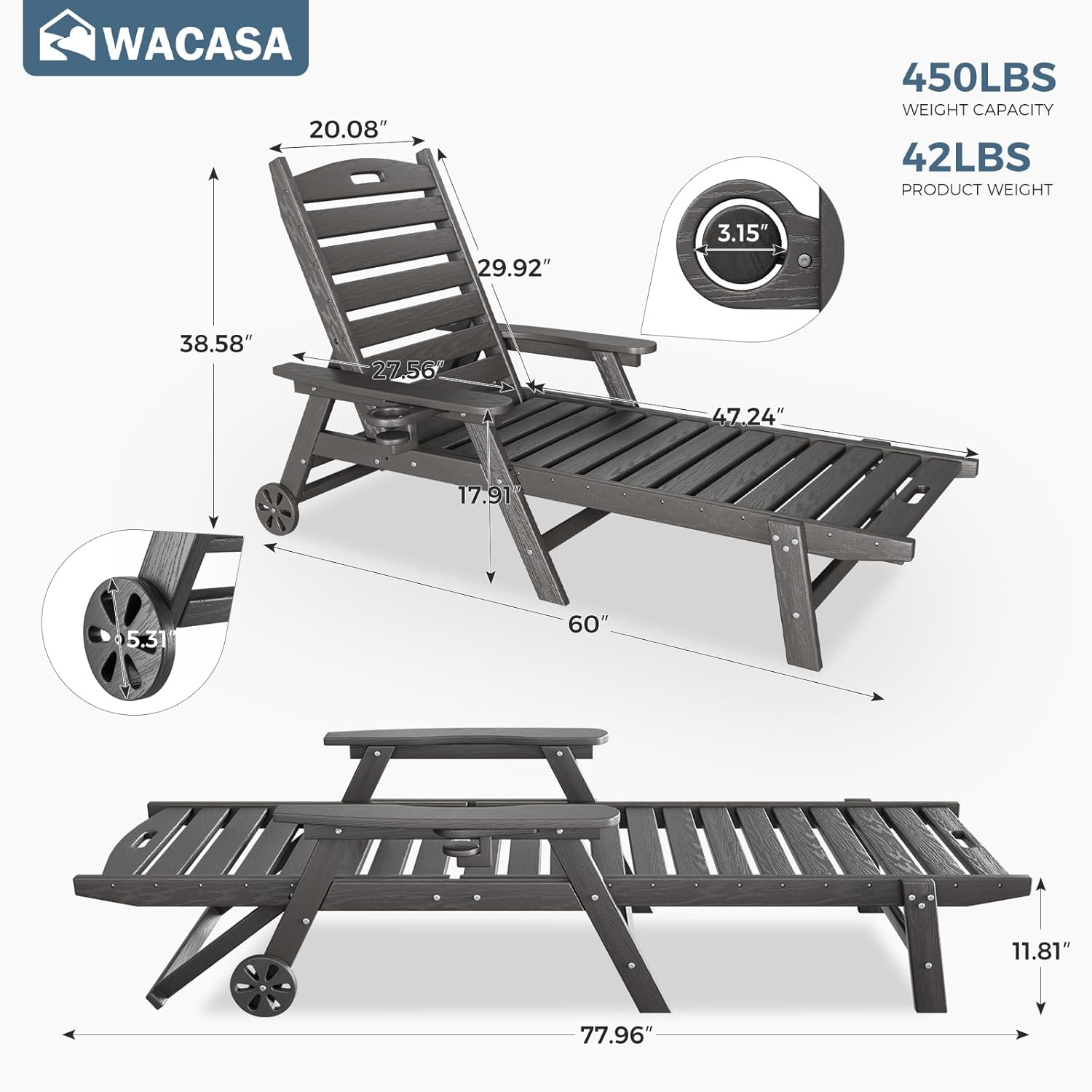 WACASA HDPE Pool Lounge Chairs Set of 2 with Wheels & Cup Holder, 6-Position Adjustable Outdoor Lounge Chair, Easy 20-Min Assembly, 450LBS Bearing, Patio Lounger for Poolside, Deck, Backyard (Grey)