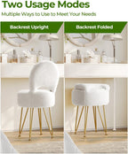 GREENSTELL Small Vanity Stool Chair with Storage and Folding Back, 13" x 13" x 17.7" Faux Fur Soft Ottoman for Teenager, 4 Metal Legs with Anti-Slip Feet, Furry Padded Seat for Makeup, Bedroom, White