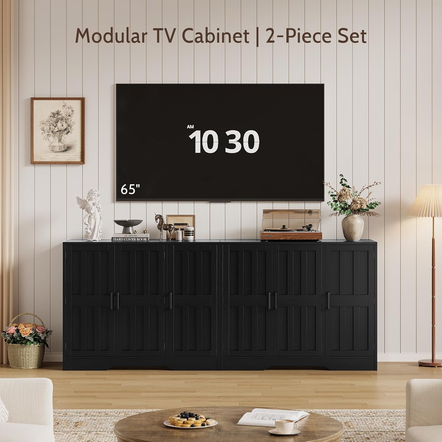 Modern Farmhouse Buffet Cabinet with Storage, 85" Large Sideboard Storage Cabinet with 6 Barn Doors, Coffee Liquor Bar Cabinet Wood Table Credenza with Adjustable Shelf for Kitchen Dining Living Room