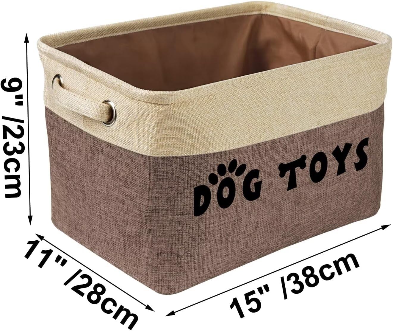 PET ARTIST Dog Toy Basket, Collapsible Dog Toy Bin Box, Large Pet Toy Storage Organizer with Comfortable Handles for Accessories, Toys, Coat & Clothing, Blanket & Leash, Brown-1, 15"x11"x9"