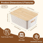8 Pack Plastic Storage Bins with Bamboo Lids - Stackable Storage Baskets with Handle for Pantry Organizer and Storage, Plastic Containers Bins Lidded Storage Bins for Classroom Office Shelves