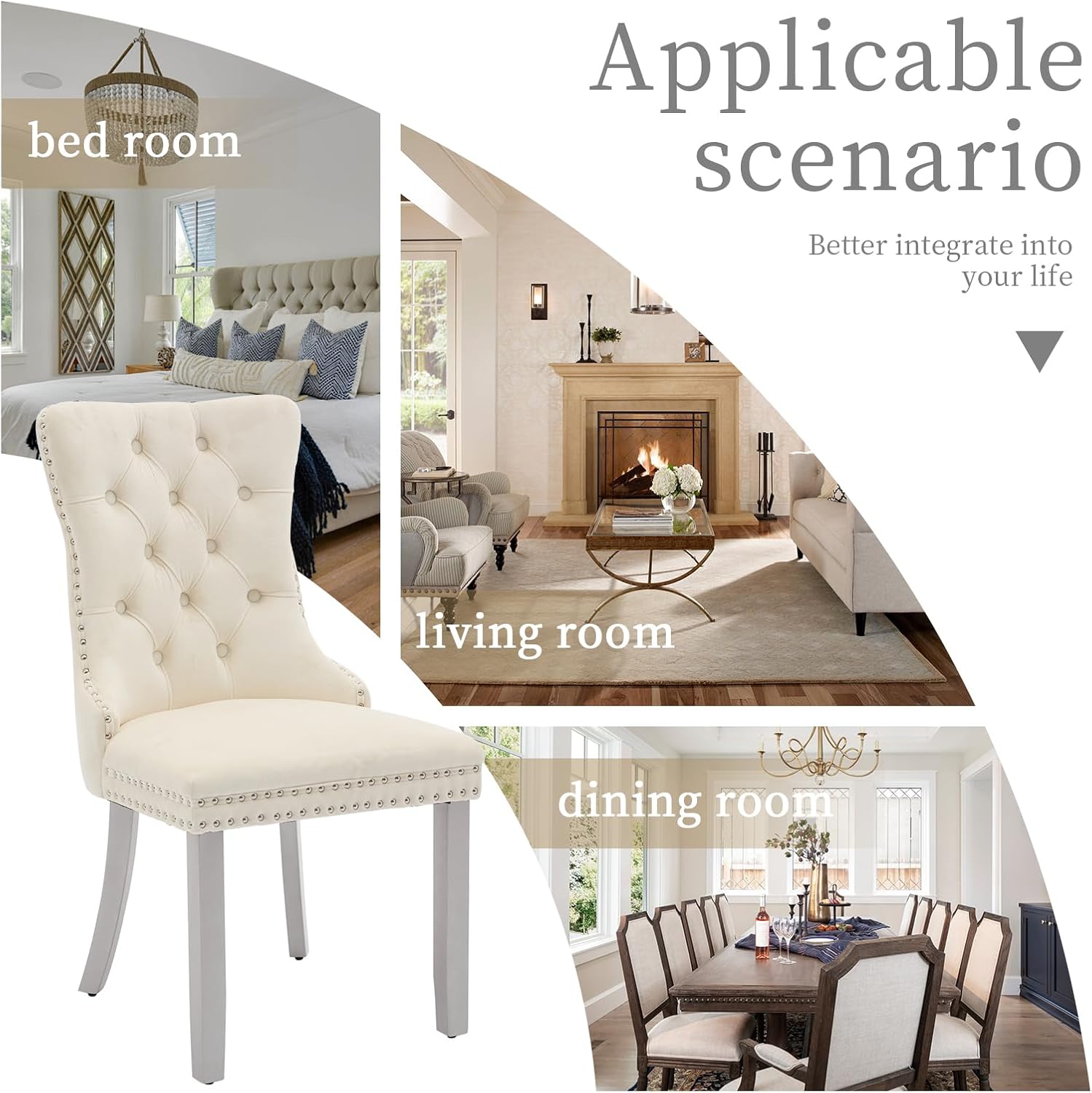 LKTART Dining Chairs Set of 6 Mid-Century Modern Chairs with Pull Ring, Velvet Upholstered Dining Chair with Wooden Legs Nailhead Trim for Kitchen Bedroom Dining Room (Beige)