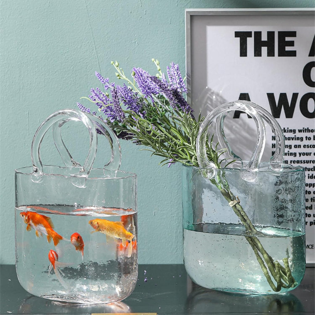 Glass Vase with Elegant Purse Design, Hand Purse vase with Fish Bowl, Unique Flower Vase with Handle and Bubbles - for Home Decor/Office/Garden/Wedding Decor/Enterpiece/Events(Transparent)