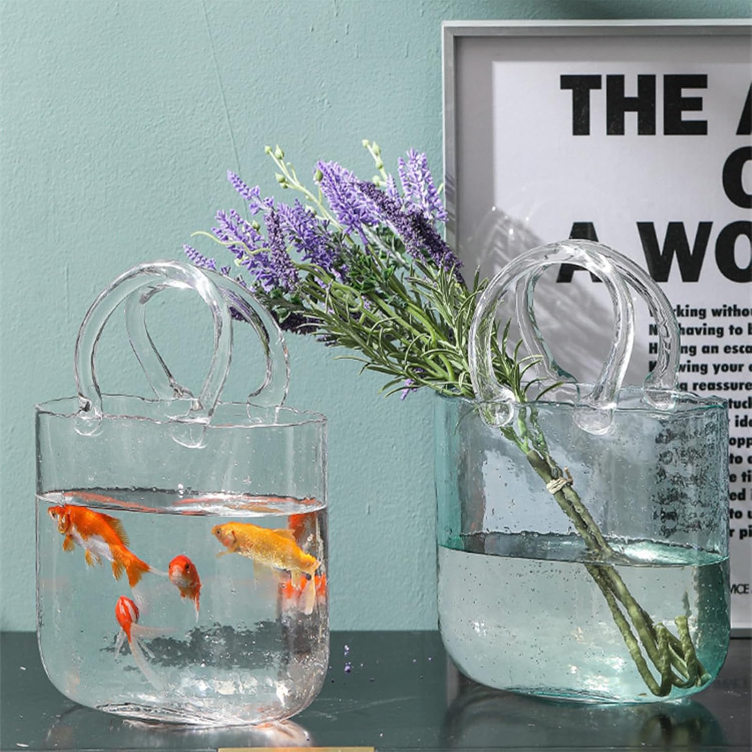 Glass Vase with Elegant Purse Design, Hand Purse vase with Fish Bowl, Unique Flower Vase with Handle and Bubbles - for Home Decor/Office/Garden/Wedding Decor/Enterpiece/Events(Transparent)