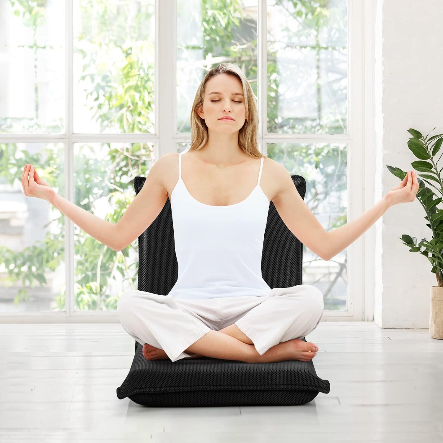 LIFEZEAL Folding Floor Chair, Reading Chair with 6 Positions Adjustable Backrest, Floor Chair with Mesh Surface, for Reading, Meditation, Yoga (Black)