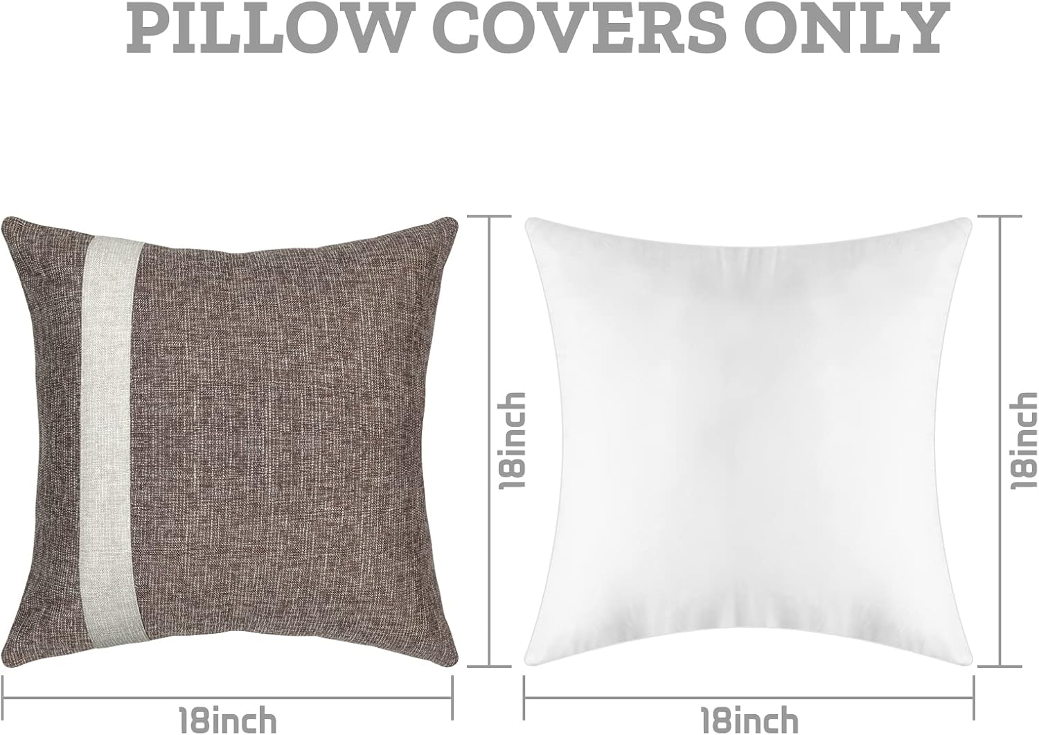 Set of 2 Khaki Linen Pillow Covers 18x18 inch with Patchwork Stripe Square Cushion Cases Soft Comfortable Farmhouse Pillow Cover for Couch Sofa Chair Bench Patio Living Room Home Decor