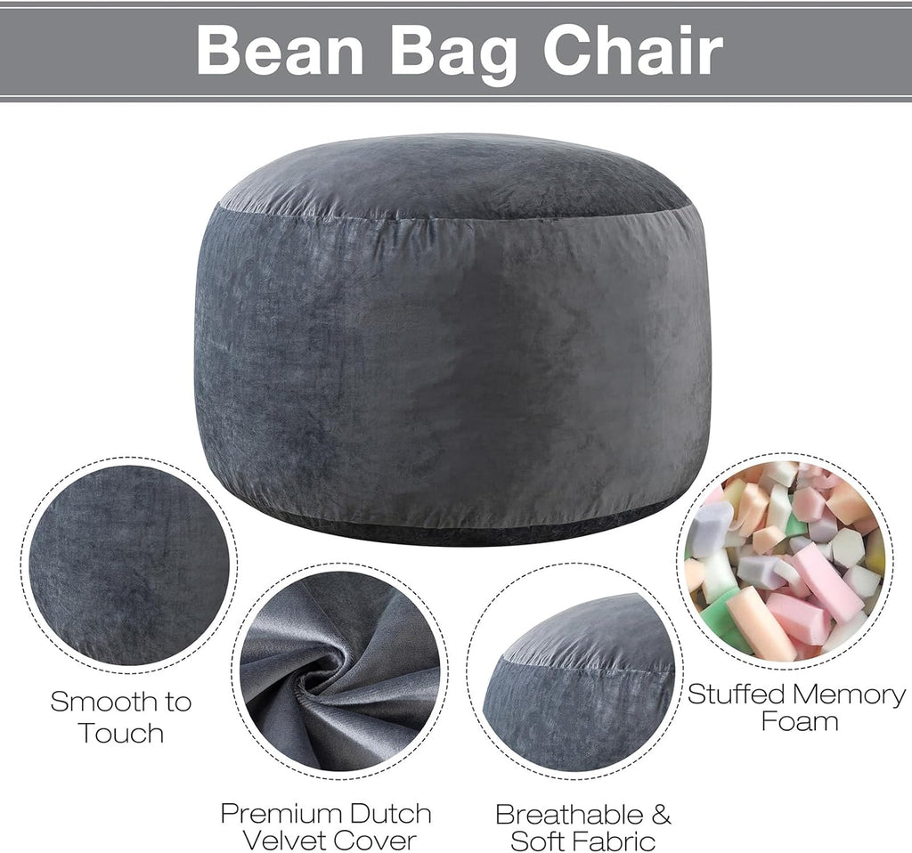 EDUJIN Bean Bag Chair, Memory Foam Bean Bag Chairs for Adults, Soft Velvet Cover, Stylish Beanbag Sofa for Living Room, Convenient Pocket & Pull-Handle Design - 3 Foot, Grey