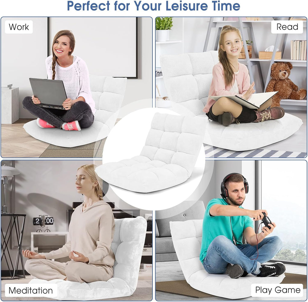 Memory Foam Floor Chair, 14-Poistion Adjustable Reading Gaming Chair Recliner, Folding Cushioned Meditation Chair with Back Support, Padded Lazy Sofa for Adults, Kids (White)