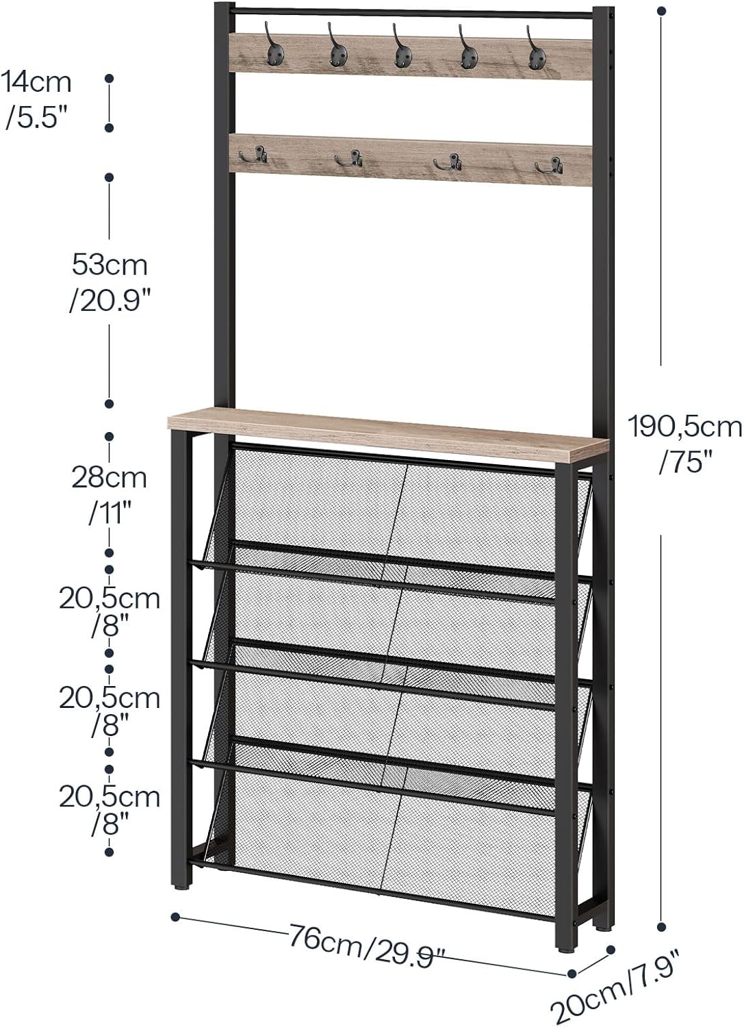 HOOBRO Hall Tree with Bench, Narrow Shoe Rack with Coat Rack, Coat Rack with Shoe Storage, 5 Tier Slanted Shoe Storage Organizer, Coat and Shoe Rack Entryway, Slim Hall Tree, Greige BG20MT01