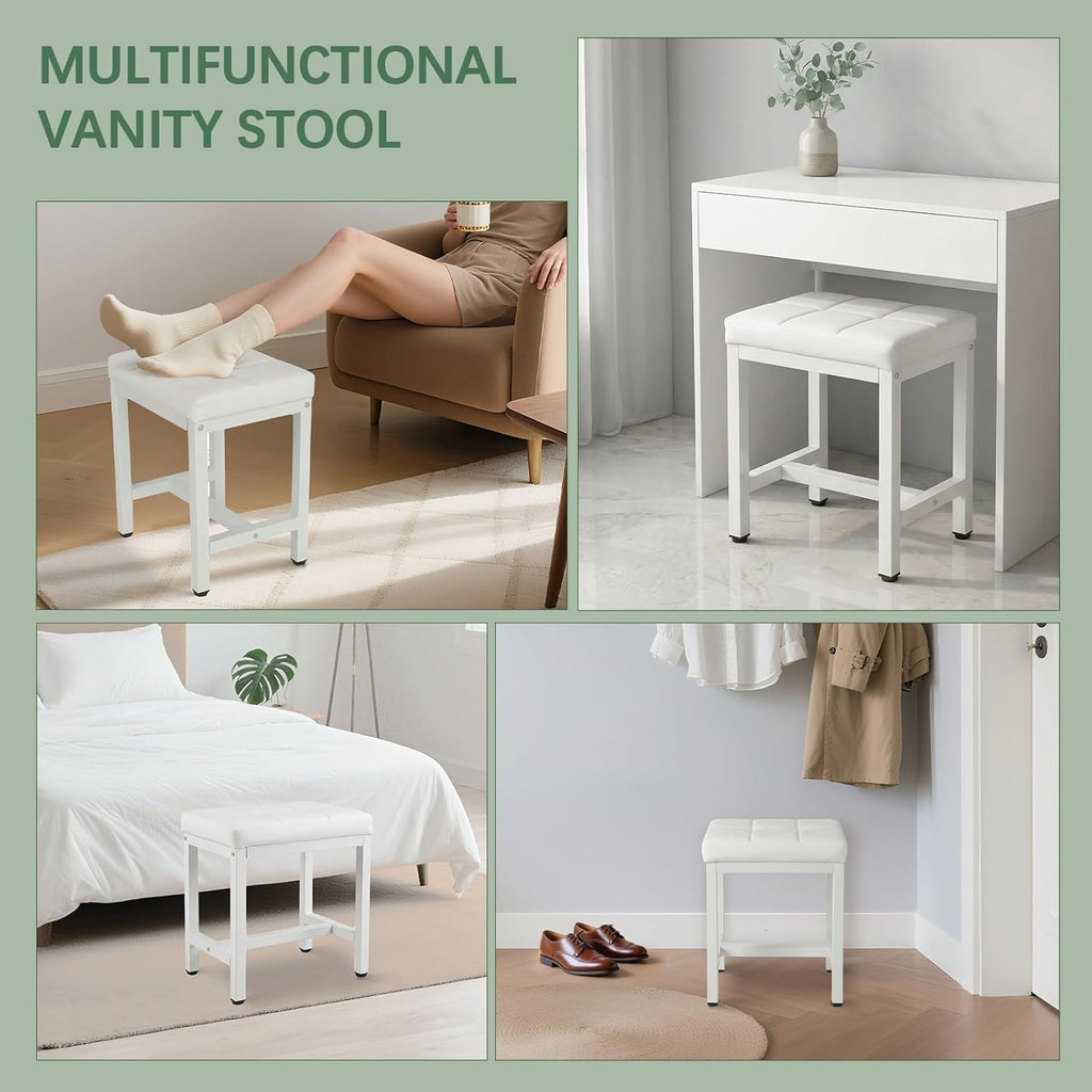 Vanity Stool Chair, Square Faux Leather Makeup Chair with Metal Legs, Cute Small Ottoman Vanity Bench, Foot Stool Chair for Vanity for Bedroom, Living Room, Bathroom, White