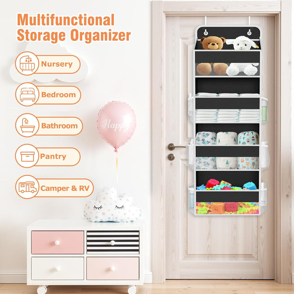 WISELIFE Over The Door Organizer Storage 4 Shelves Large Capacity Hanging Bedroom Storage Solution with 6 Side Pockets for Dorm Bathroom Pantry Nursery and Baby Essentials Holds up to 40 Lbs (Black)