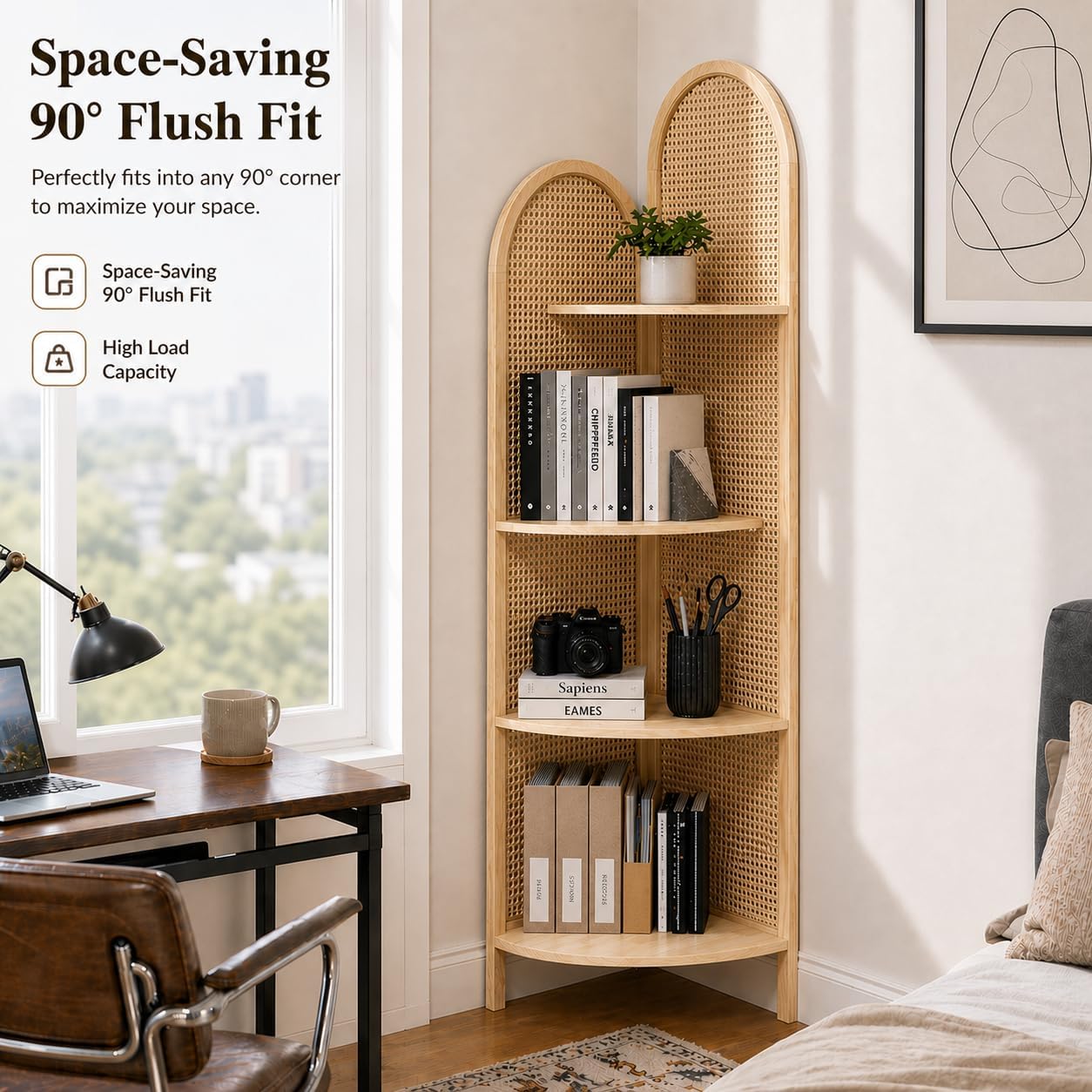 70" Tall Corner Bookshelf, 4-Tier Rattan Corner Shelf Stand for Small Spaces - Solid Wood Frame Display Organizer Rack, 90° Flush Wall Fit, Natural