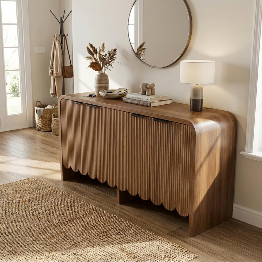 Walnut Sideboard Buffet Cabinet, Wood Storage Credeza with 4 Doors and Adjustable Shelves, Mid-Century Console Cabinet for Living Room, Kitchen, Hallway, Entrway (Walnut)
