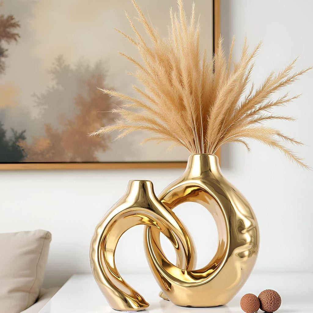 Ceramic Vase Set of 2 for Modern Home Decor,Round Boho Vase for Pampas Grass,Neutral Minimalist Statue for Dining Room Table Centerpiece Dining Room,Wedding Table Decoration (Gold1)