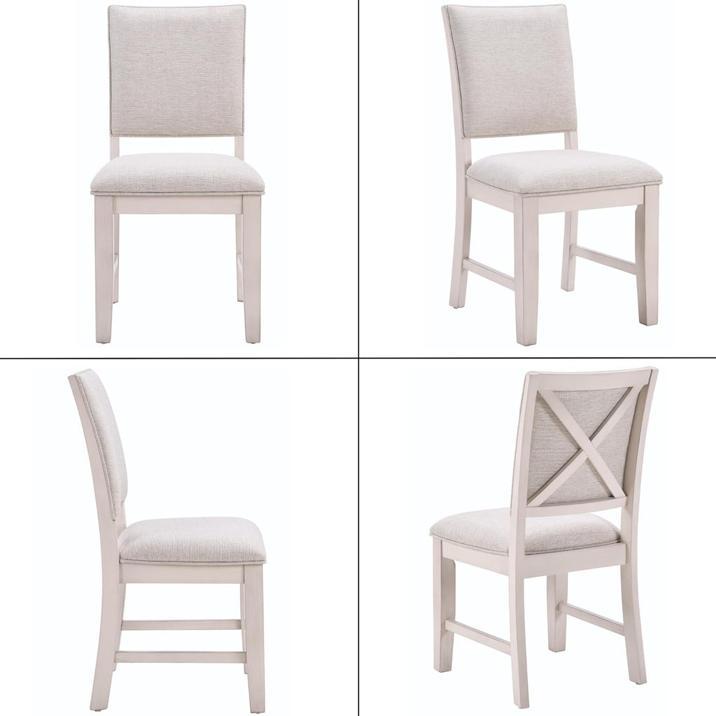 Farmhouse Dining Chairs Set of 4 Upholstered Kitchen Chairs with Cross Back Armless Wooden Side Chairs for Dining Room, Living Room, Reception (Grey Linen + White Frame)
