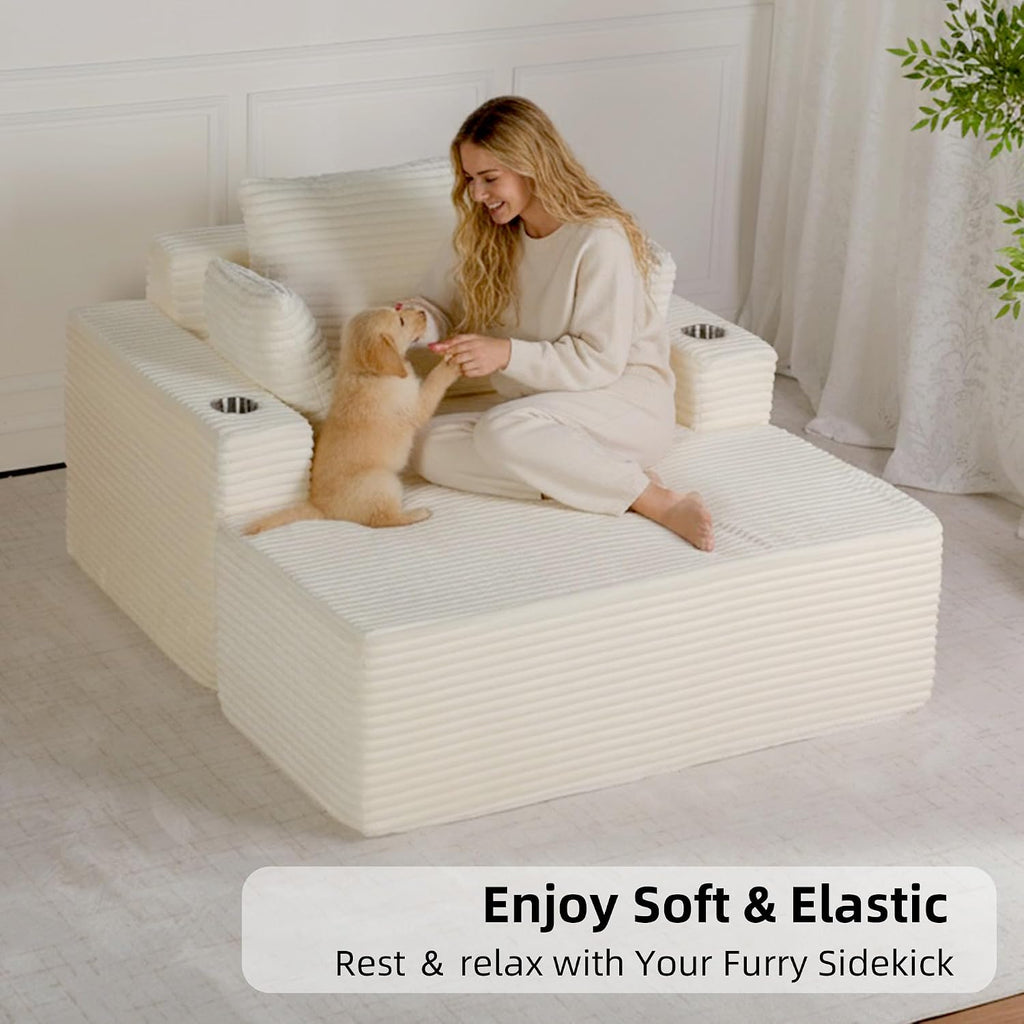 54"W Oversized Chaise Lounge Chair Indoor, Boneless Chaise Lounge Couch, Convertible Comfy Reading Chairs, Corduroy Sleeper Chair Couches for Living Room, Compression Sofa with Ottoman, Beige