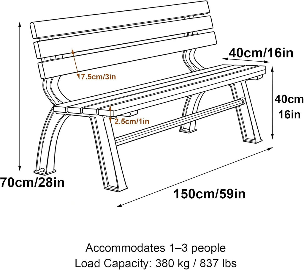 3 Seater Outdoor Garden Bench with Solid Wood Backrest, Outdoor Park Bench Metal, Suitable for Courtyards and Commercial Areas(Beige,150x40x70cm/59x16x28in)