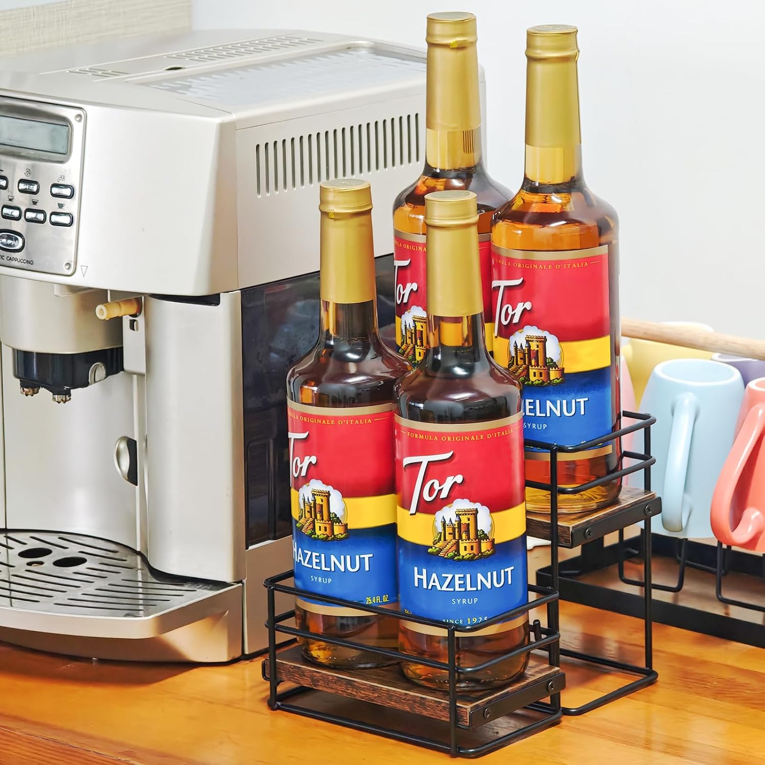 4 Bottle Coffee Syrup Organizer Rack, 2 Tier Coffee Syrup Bottle Stand Holder for Coffee Bar, Installation-free, Liquor Bottle Display Shelf, Coffee Syrup Shelf for Liquor Whiskey Wine Display