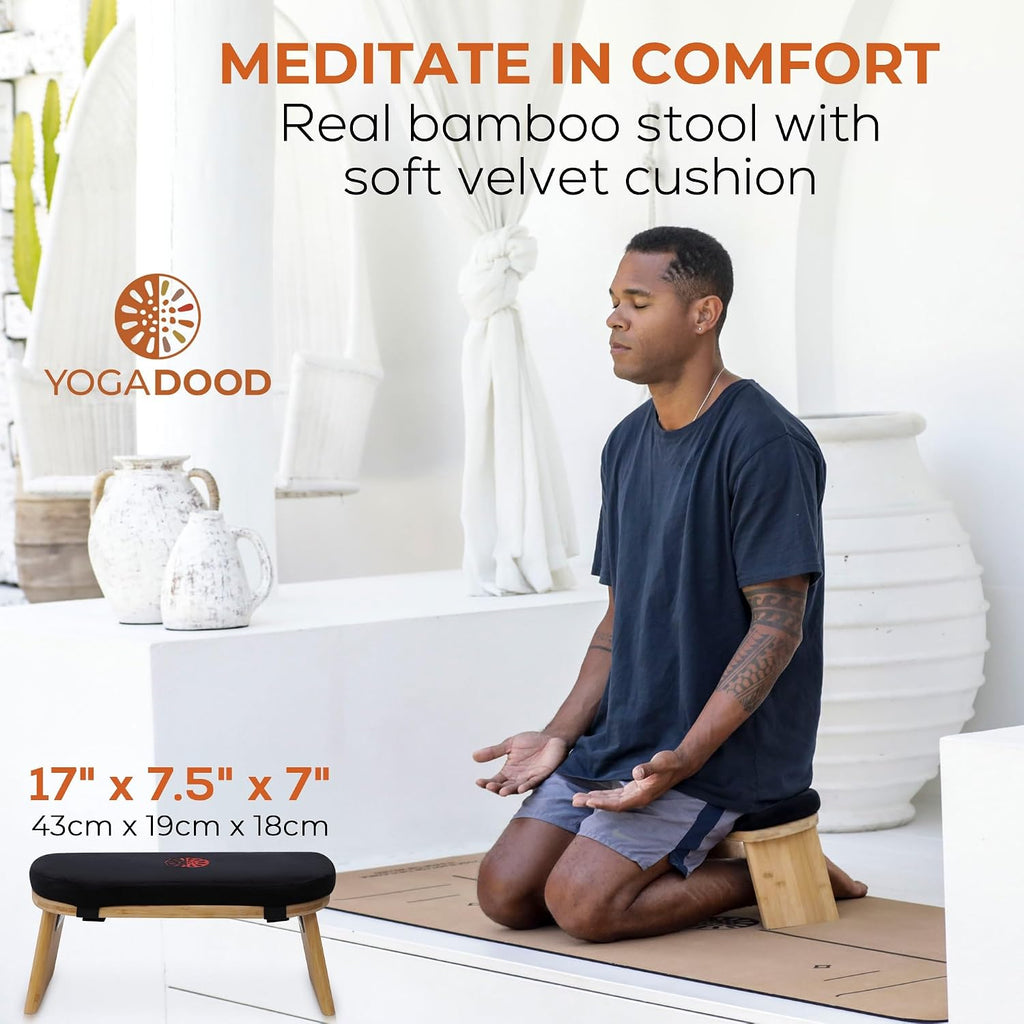 Yoga Dood Meditation Bench - Folding Bamboo Meditation Stool with Velvet Cushion & Carry Bag, Seiza Prayer Bench
