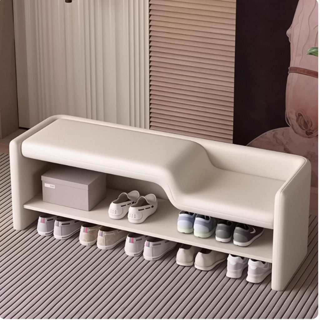 Solid Wood Parent-Child Seating Stool, Modern Entryway Shoe Bench, Leather Shoe Changing Stool with Solid Wood Frame, Dual-Tier Hallway Bench(Off-White,39in)