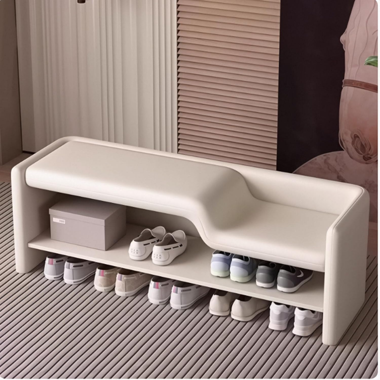 Solid Wood Parent-Child Seating Stool, Modern Entryway Shoe Bench, Leather Shoe Changing Stool with Solid Wood Frame, Dual-Tier Hallway Bench(Off-White,39in)