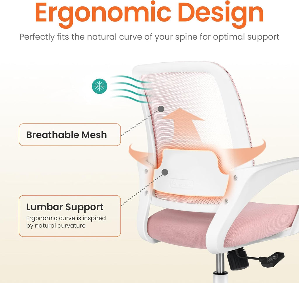 NEO CHAIR Office Desk Ergonomic Computer Mesh Chair with Lumbar Mid Back Support Adjustable Height Swivel Rolling Wheels Comfy Task Vanity Chair for Home Bedroom Study (Pastel Pink)