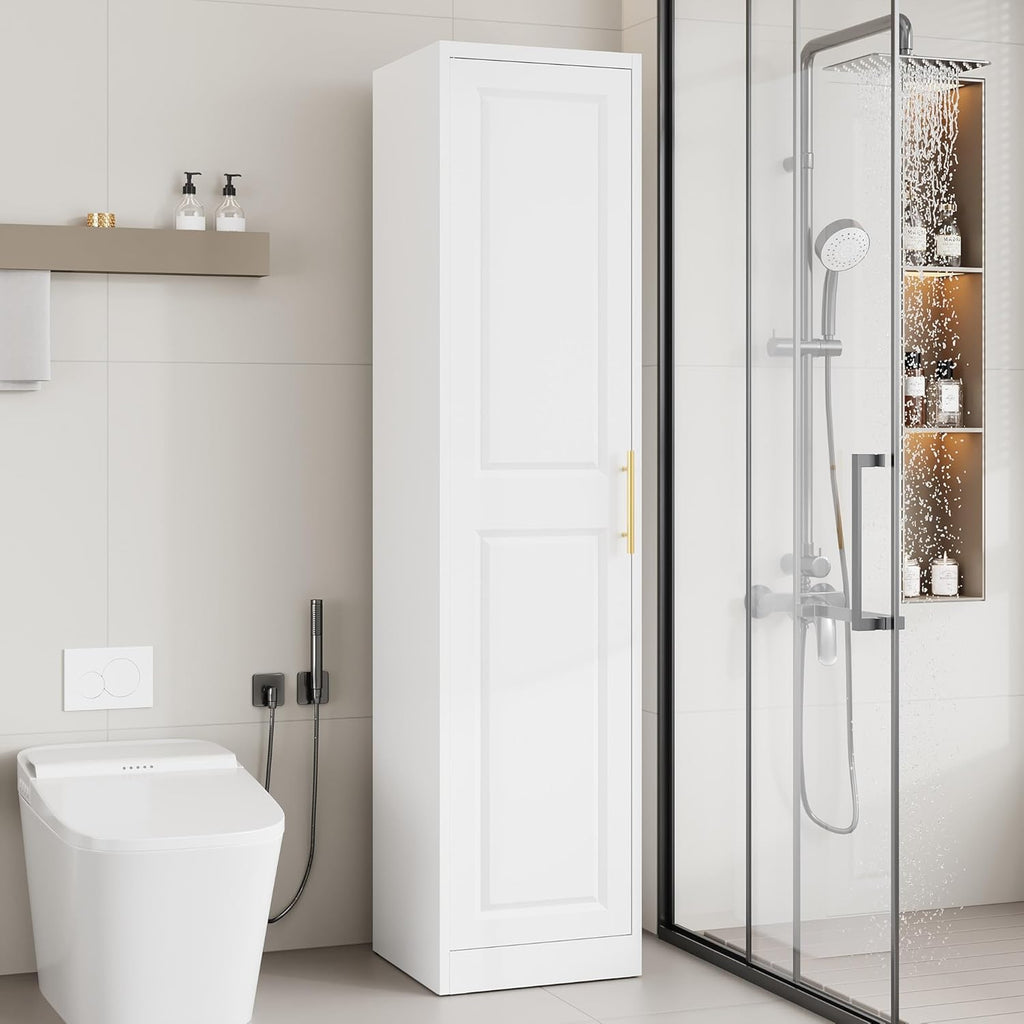 71''Tall Narrow Storage Cabinet Metal Bathroom Cabinet with Doors and 4 Adjustable Shelves, Slim Pantry Cabinets Cupboard for Small Space, Apartment, Bathroom, Kitchen, Laundry (White)