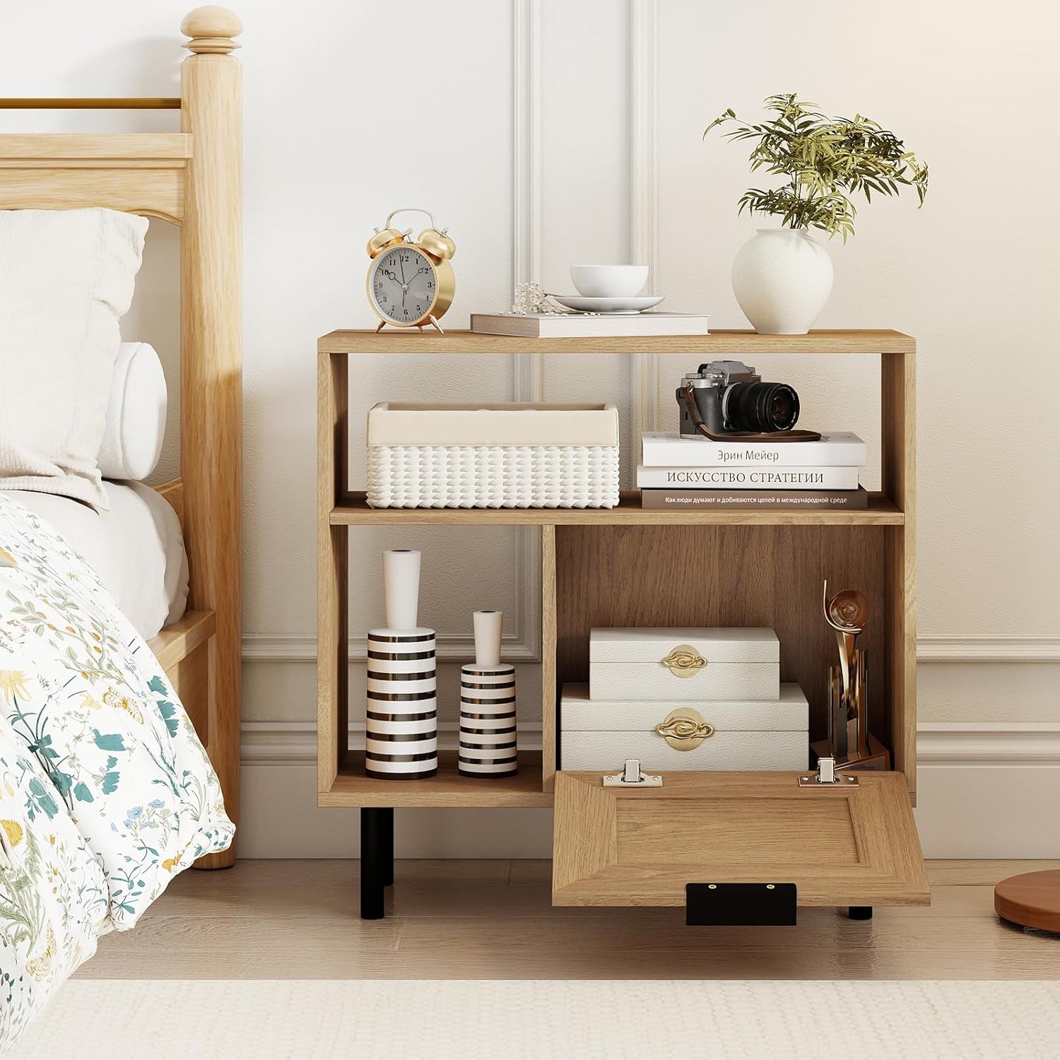 Giantex Rattan End Table with Cabinet, Boho Nightstand with Storage Shelves, Narrow Side Table for Small Space, Rustic Wooden Bedside Tables for Bedroom, Living Room, Entryway