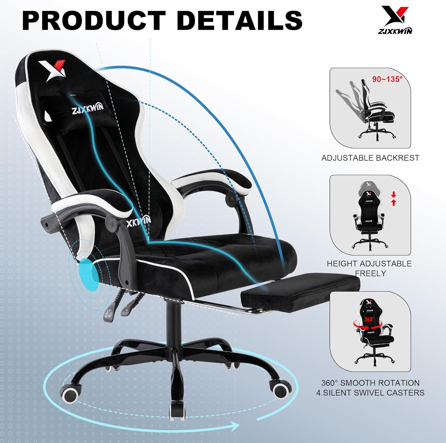 Velvet Gaming Chair, Ergonomic High Back Racing Chair with Footrest, Spring Wide Cushion, Adjustable Headrest & Lumbar Support, 90-135° Recline, 360° Swivel, 300lbs for Home Office, White