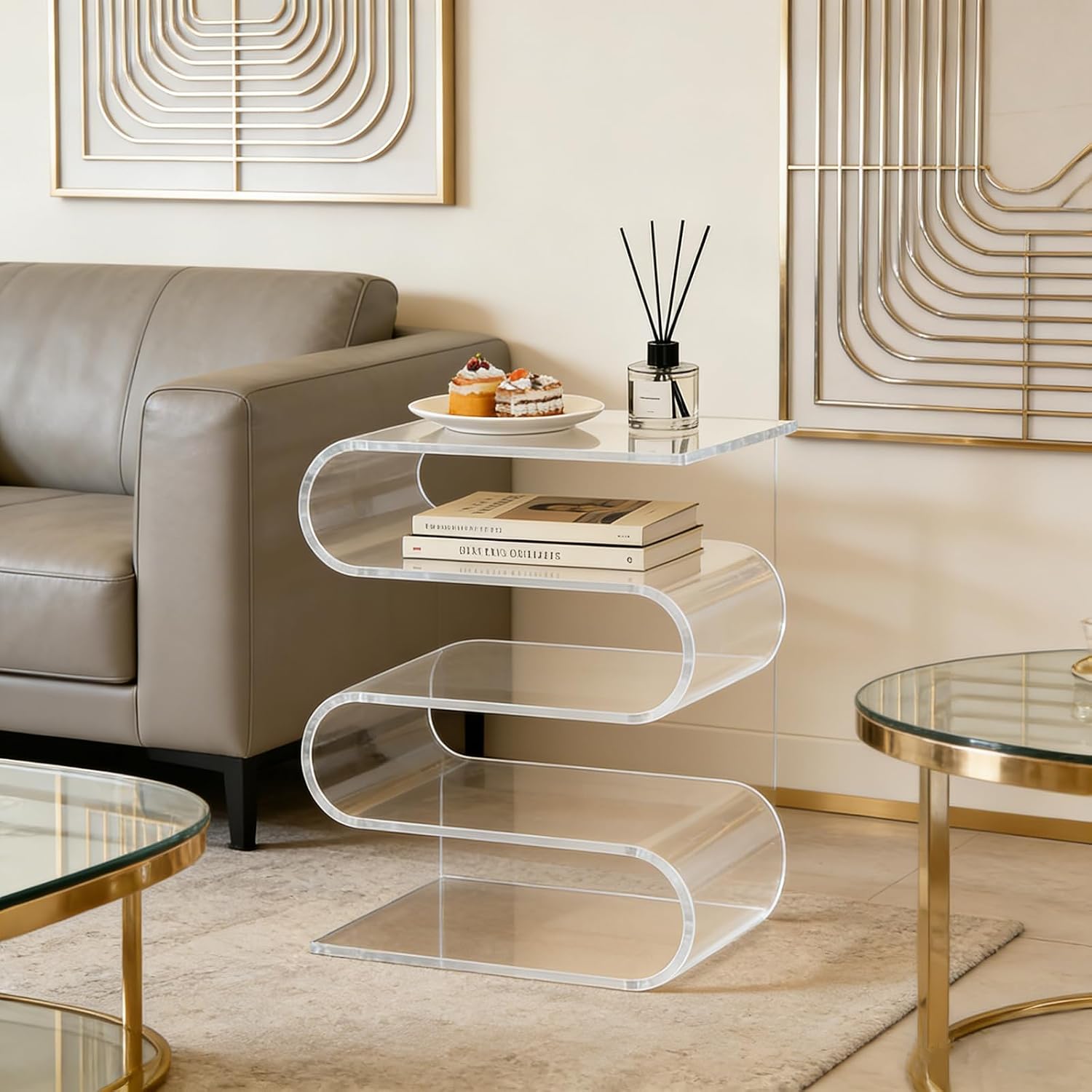 S Shape Side Table, Acrylic End Table, Modern Side Table for Living Room, Bedroom, Transparent Coffee Table, Nightstand for Small Spaces, Apartments, Dorms (Clear)