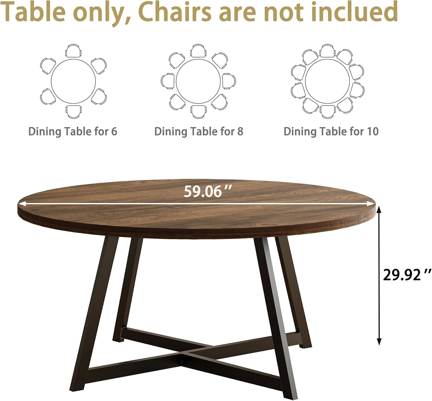 Large Round Dining Table for 6-8, Wooden Dinner Table with Heavy Duty Metal Pedestal Base (Dark Brown)