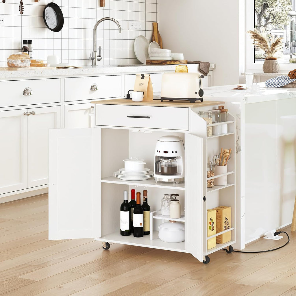 HOOBRO Kitchen Island with Power Outlet, Kitchen Storage Island with Spice Rack and Drawer, Rolling Kitchen on Wheels, for Home, Dining Room, Natural and White WN82UZD01G1
