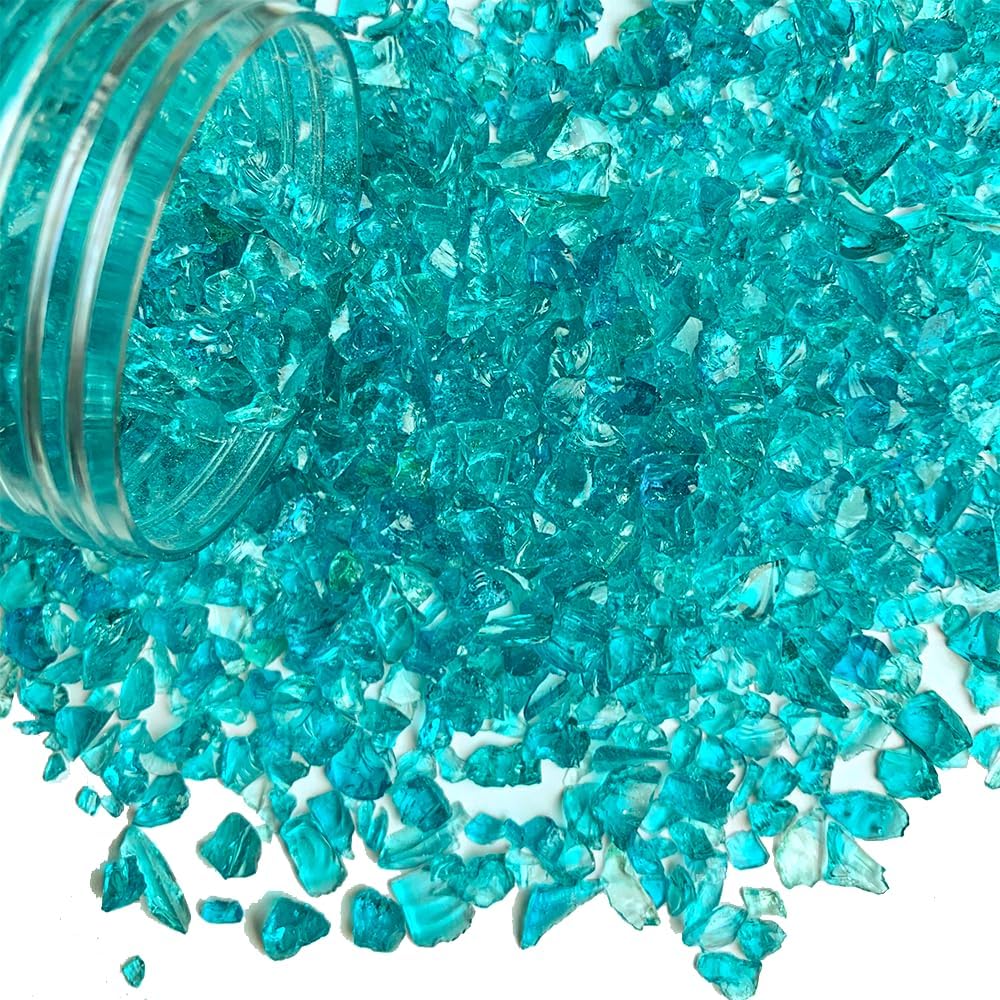 HappyFiller 1.3 LB Teal(Turquoise) Crushed Sand Broken Fire Glass Pieces Crush Terrarium Rocks Stones,Resin Arts Crafts,Vase Fillers,Candle Holder Fish Tank Decor,3-7mm,Never Fade Color