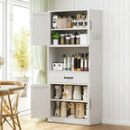 White Steel Kitchen Pantry Storage Cabinet with Large Countertop, Adjustable Shelves, Drawers & Hooks, Heavy-Duty White Cabinet for Kitchen Living Room Bathroom, 30.3x15.7x70.9 Inches