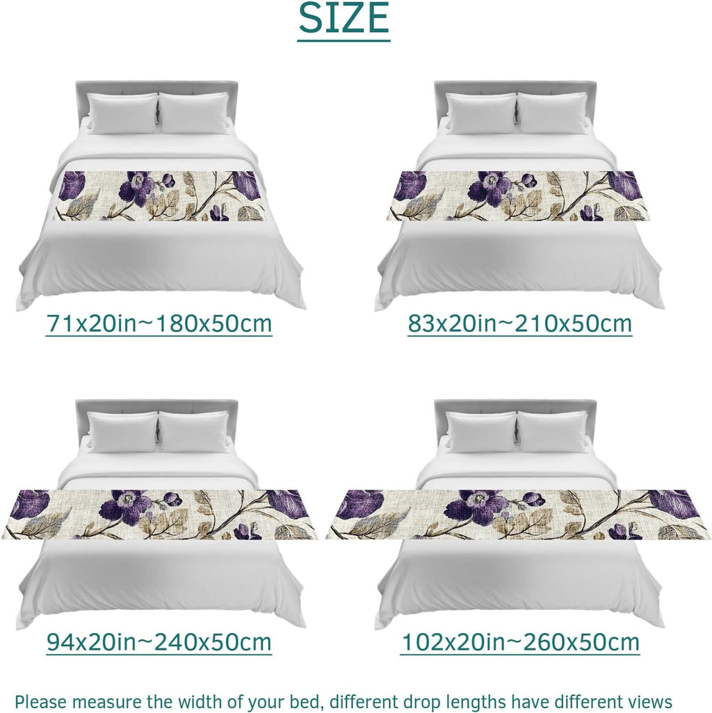 Spring Botanical Bed Runner Bedding Decorative Scarf for Fits Cal King Bed, Watercolor Purple Floral Leaf Vintage Beige Luxury Foot Throw with Satin for Hotels Homes, Guest Rooms, 102" x 20"
