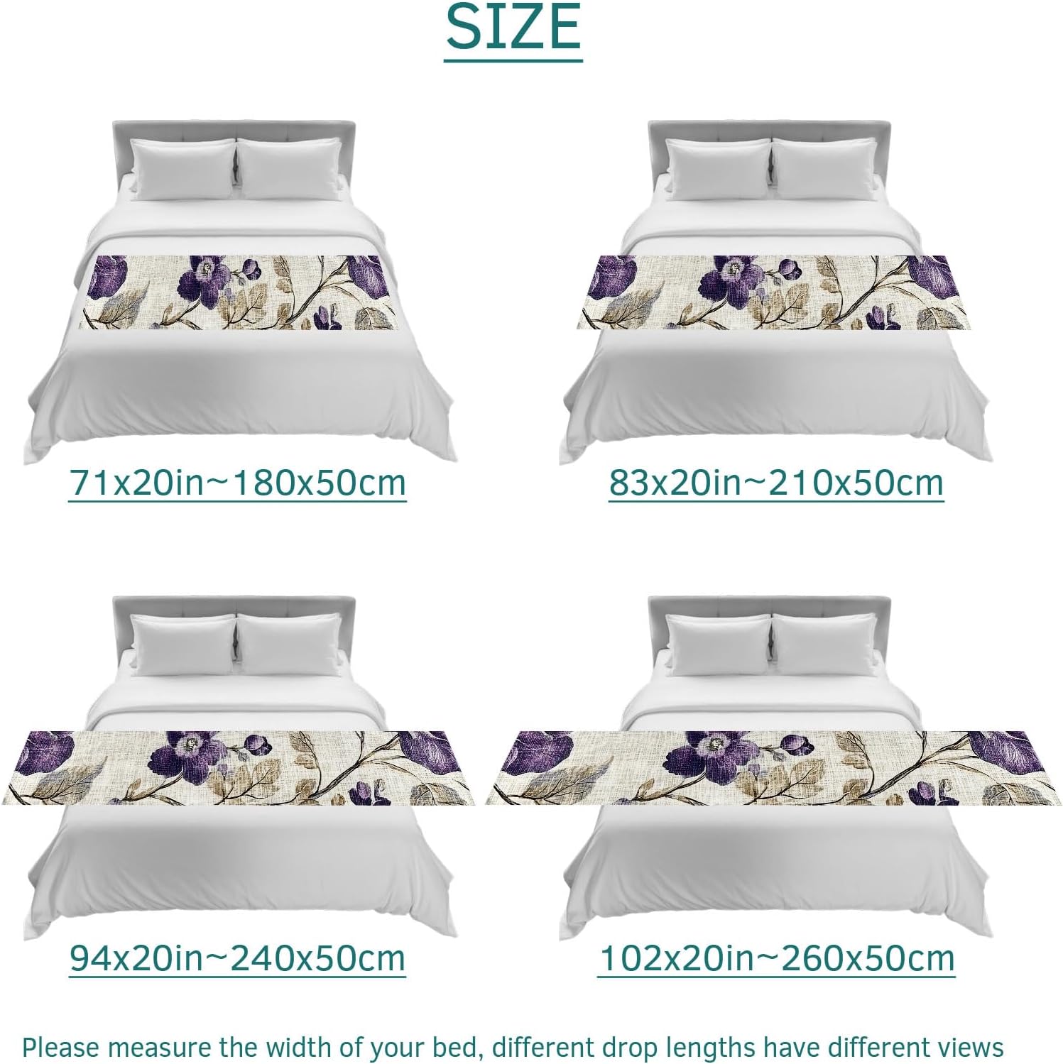 Spring Botanical Bed Runner Bedding Decorative Scarf for Fits Cal King Bed, Watercolor Purple Floral Leaf Vintage Beige Luxury Foot Throw with Satin for Hotels Homes, Guest Rooms, 102" x 20"
