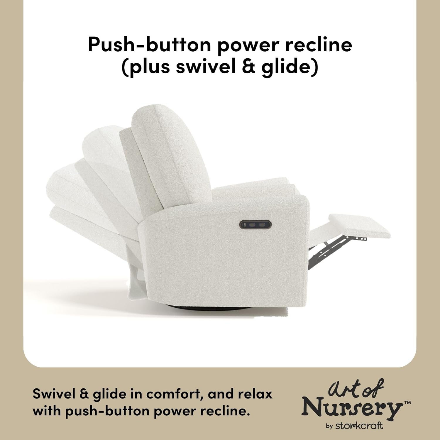 Storkcraft Sorrento Deluxe Power Recliner Swivel Glider – Premium Electronic Nursery Rocking Chair, Oeko-TEX 100 Certified, Includes Dual-USB Charging Port with USB-A & USB-C (Ivory Boucle)