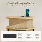 RALGEND Round Fluted End Tables, Round End Table with Charging Station, Fluted Sofa Side Table with Sliding Tambour Door and Storage, Mid-Century Nightstand for Living Room, Bedroom, Natural