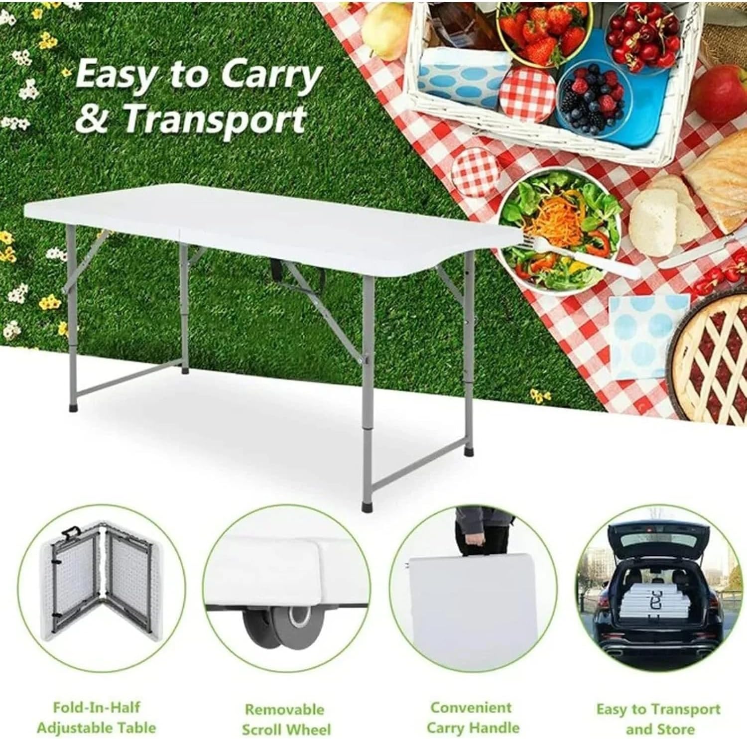 120CZ Folding Table Portable Small Table Semi Practical Table Small Indoor and Outdoor Adjustable Height with Handle Folding Table, Camping and Gathering