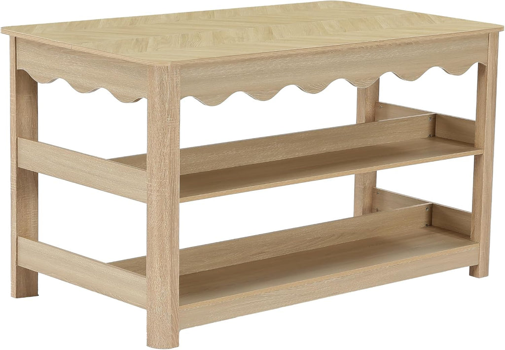 LITTLE TREE 59-Inch Kitchen Island with Seating and Storage, Large Farmhouse Stationary Island Table with Large Worktop, 3-Tier Open Shelves & Leg Room, Light Oak Kitchen Prep Station, Breakfast Bar