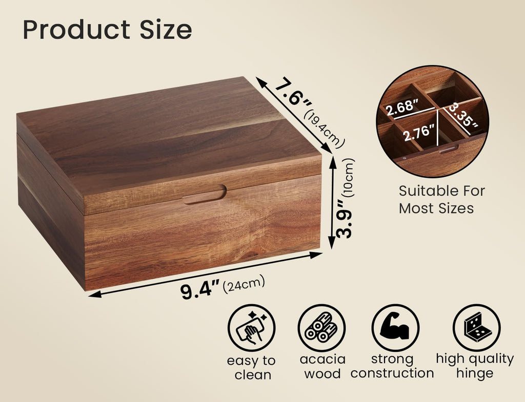 Acacia Wood Tea Bag Organizers, Tea and Sugar Packet Storage Chest with Lid, Wooden Teabag Holder Containers,Storage Box Teabox with 6 Compartments