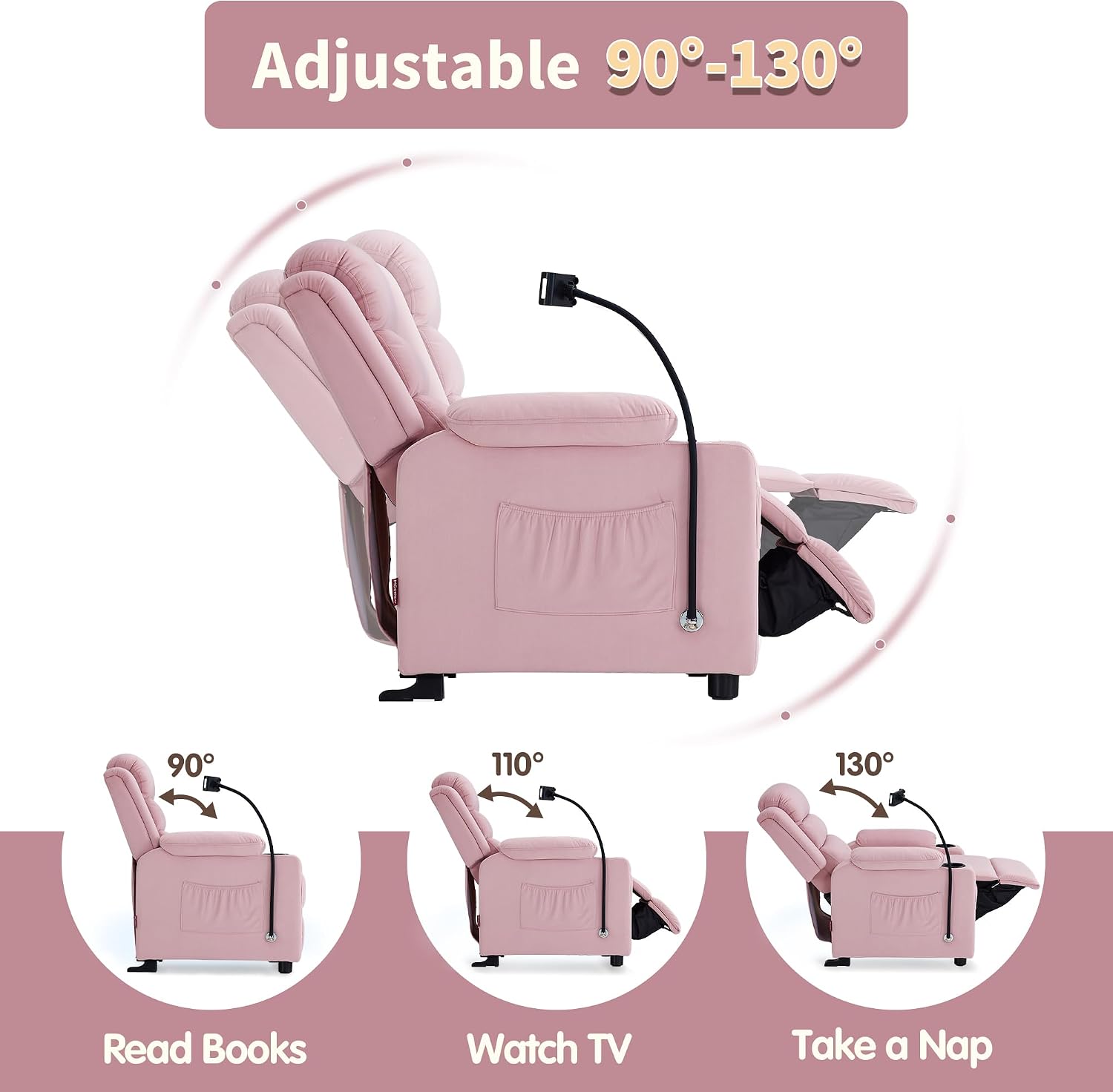 MCombo Bigger Kids Recliner for Ages 5+, Teens Recliner with iPad Stand, Child Reclining Chair with Cup Holders (Pink)