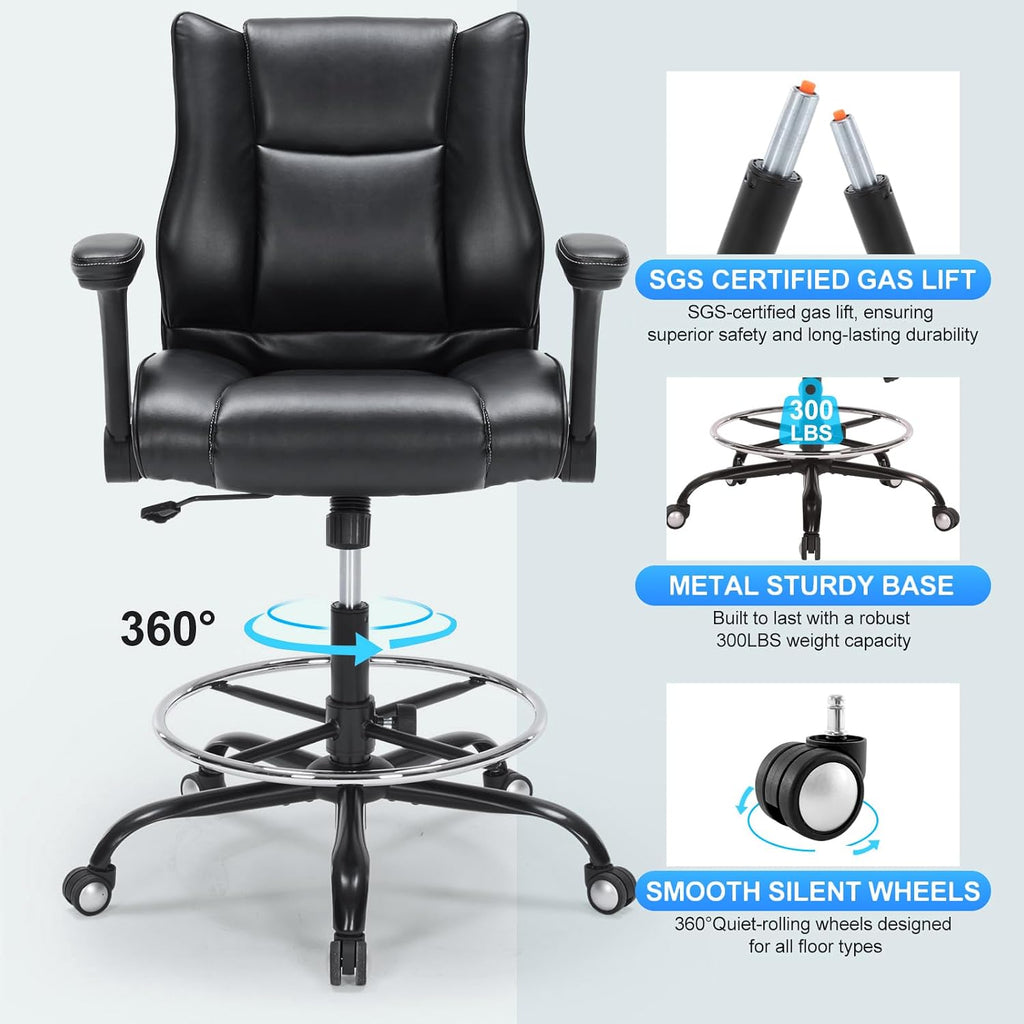 Office Drafting Chair, Tall Desk Chair with Adjustable Armrests and Footrest Ring PU Leather Standing Desk Chair with Extra Thicken Seat Cushion, Comfy High Office Chair for Counter Height Desk, Black