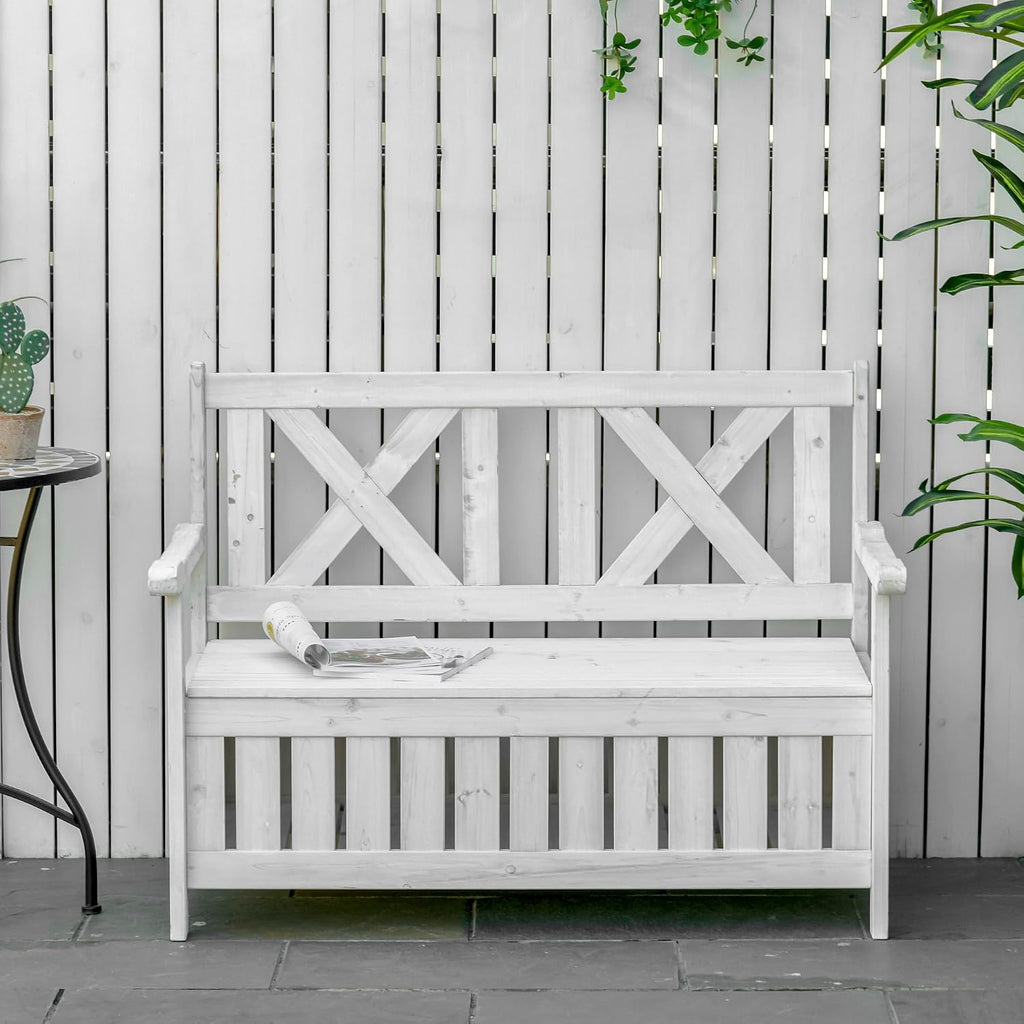 Patio Wooden Bench with Storage Box, 29 Gallon Outdoor Storage Bench, Large Entryway Deck Box w, Unique X Shape Back, for Deck, Porch Balcony, White
