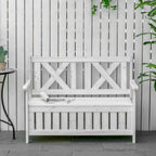 Patio Wooden Bench with Storage Box, 29 Gallon Outdoor Storage Bench, Large Entryway Deck Box w, Unique X Shape Back, for Deck, Porch Balcony, White