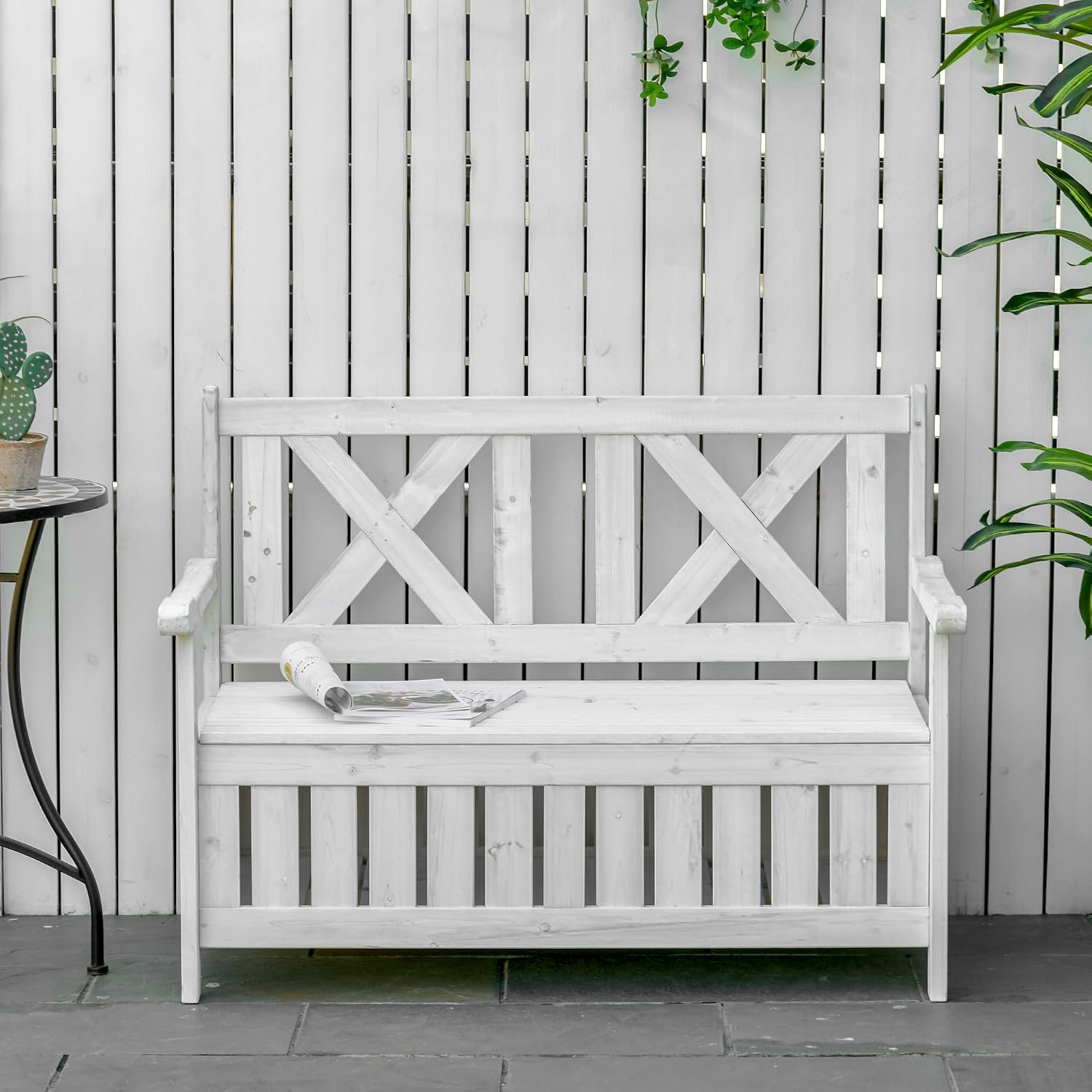 Patio Wooden Bench with Storage Box, 29 Gallon Outdoor Storage Bench, Large Entryway Deck Box w, Unique X Shape Back, for Deck, Porch Balcony, White