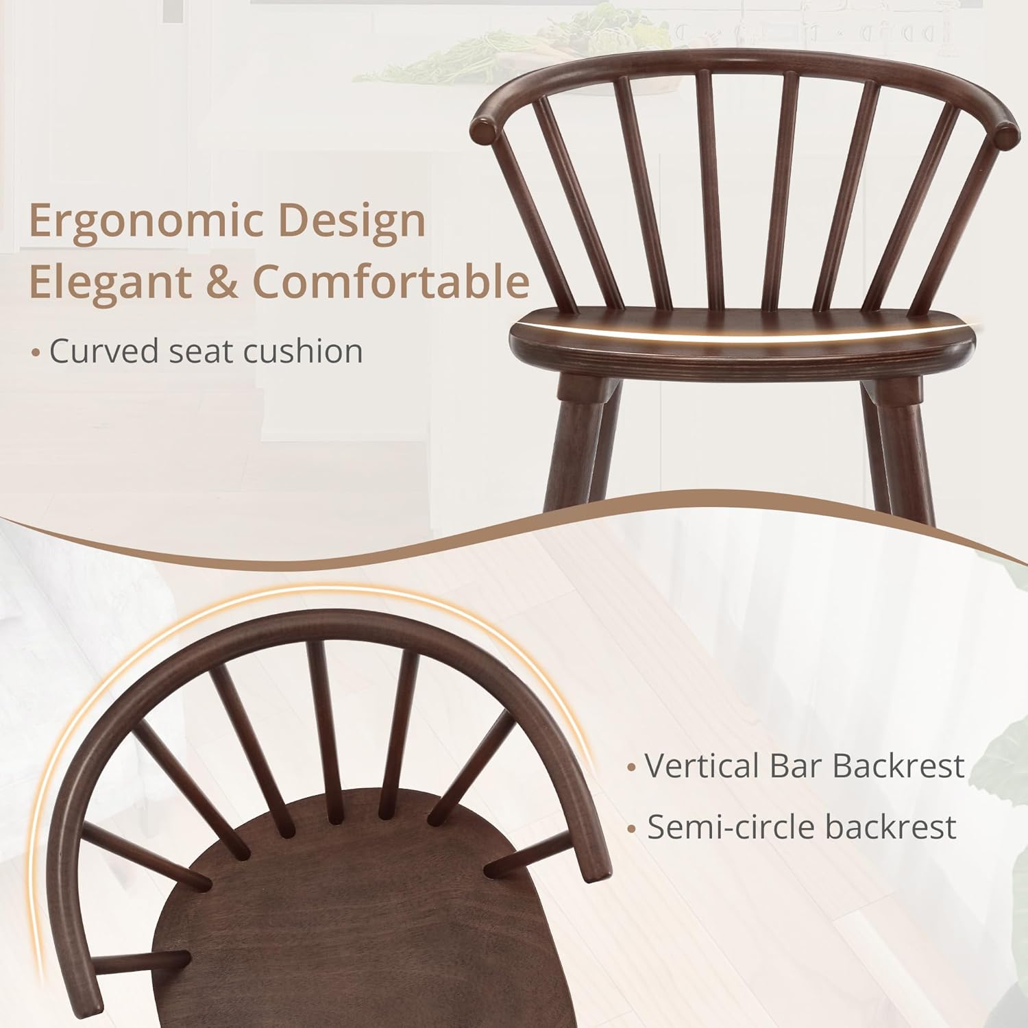 LUE BONA Walnut Dining Chairs Set of 4, Farmhouse Wood Dining Chairs with Semicircular Backrest, Spindle Dining Chair for Kitchen and Dining Room, 18 Inch